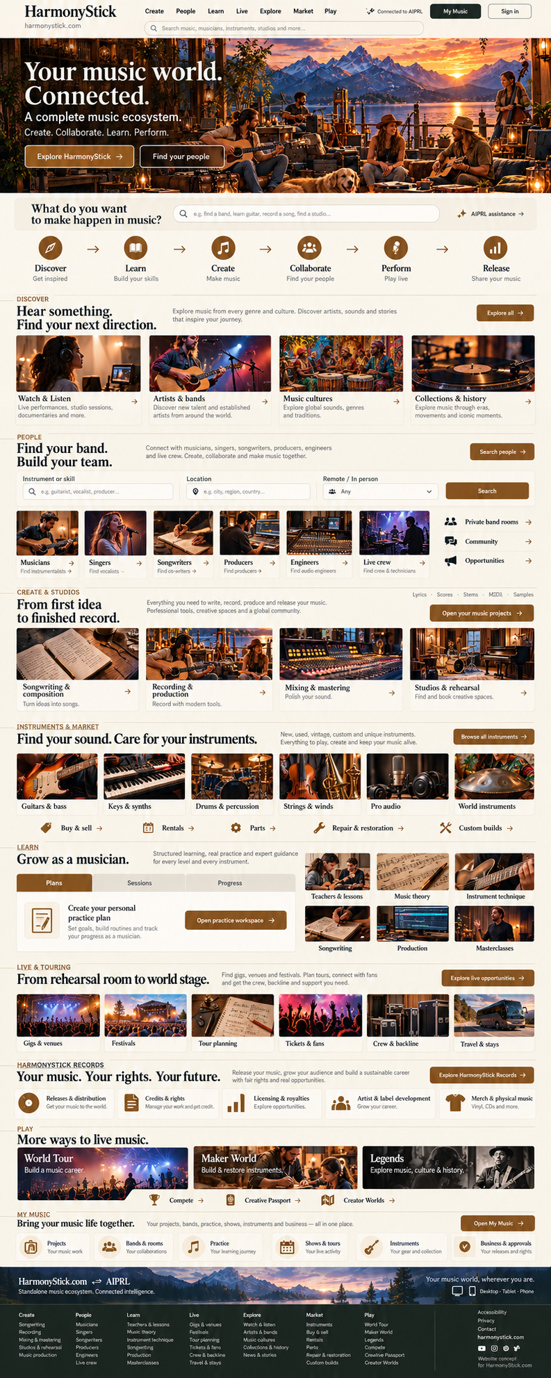 HarmonyStick — Your music world. Connected. The complete original homepage design. Pictured controls are not interactive.